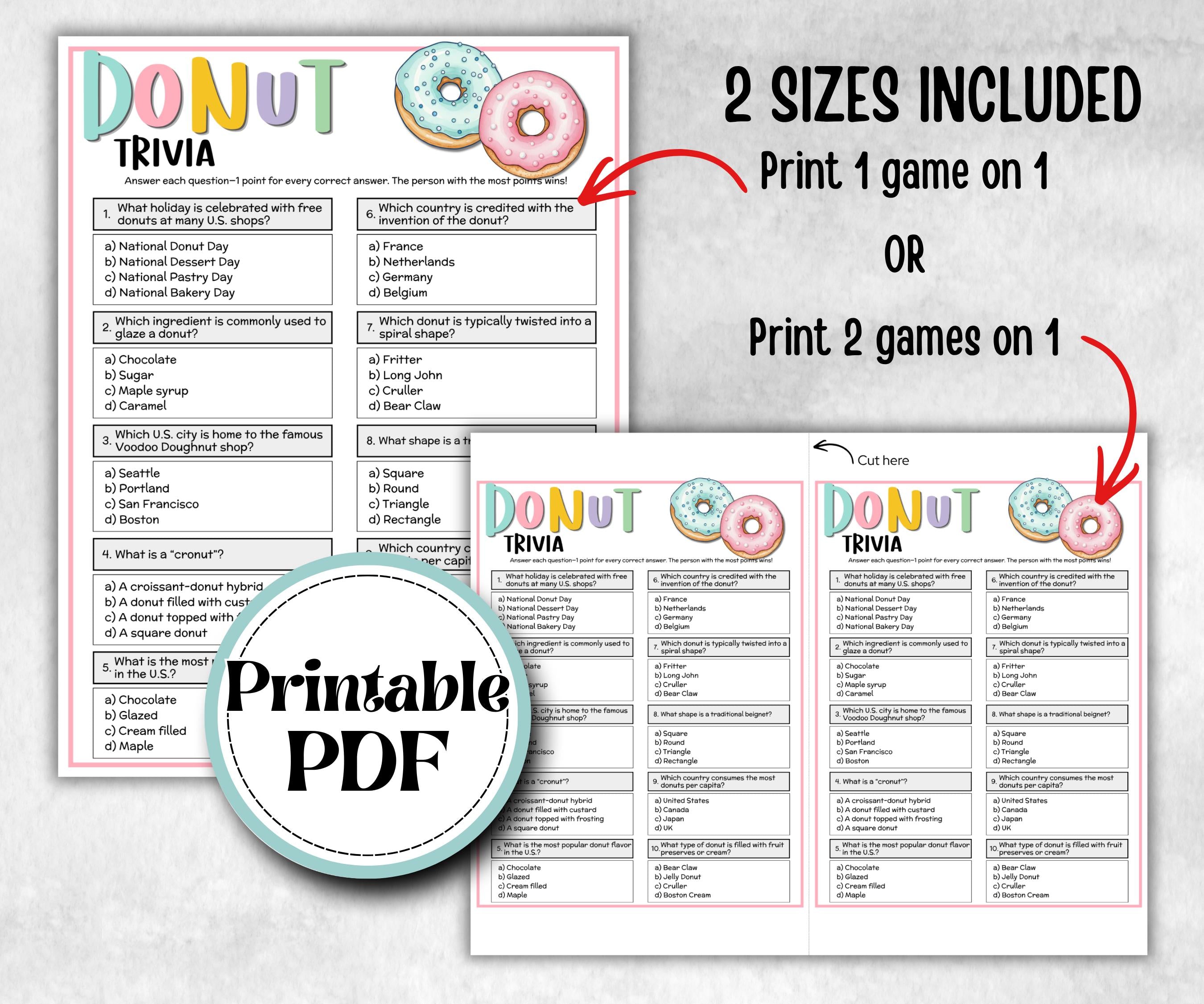 Donut Trivia, Sweet and treats, printable spring yard puzzle, garden tea party, Doughnut Bar, office event, pancake, Brunch Party Ideas