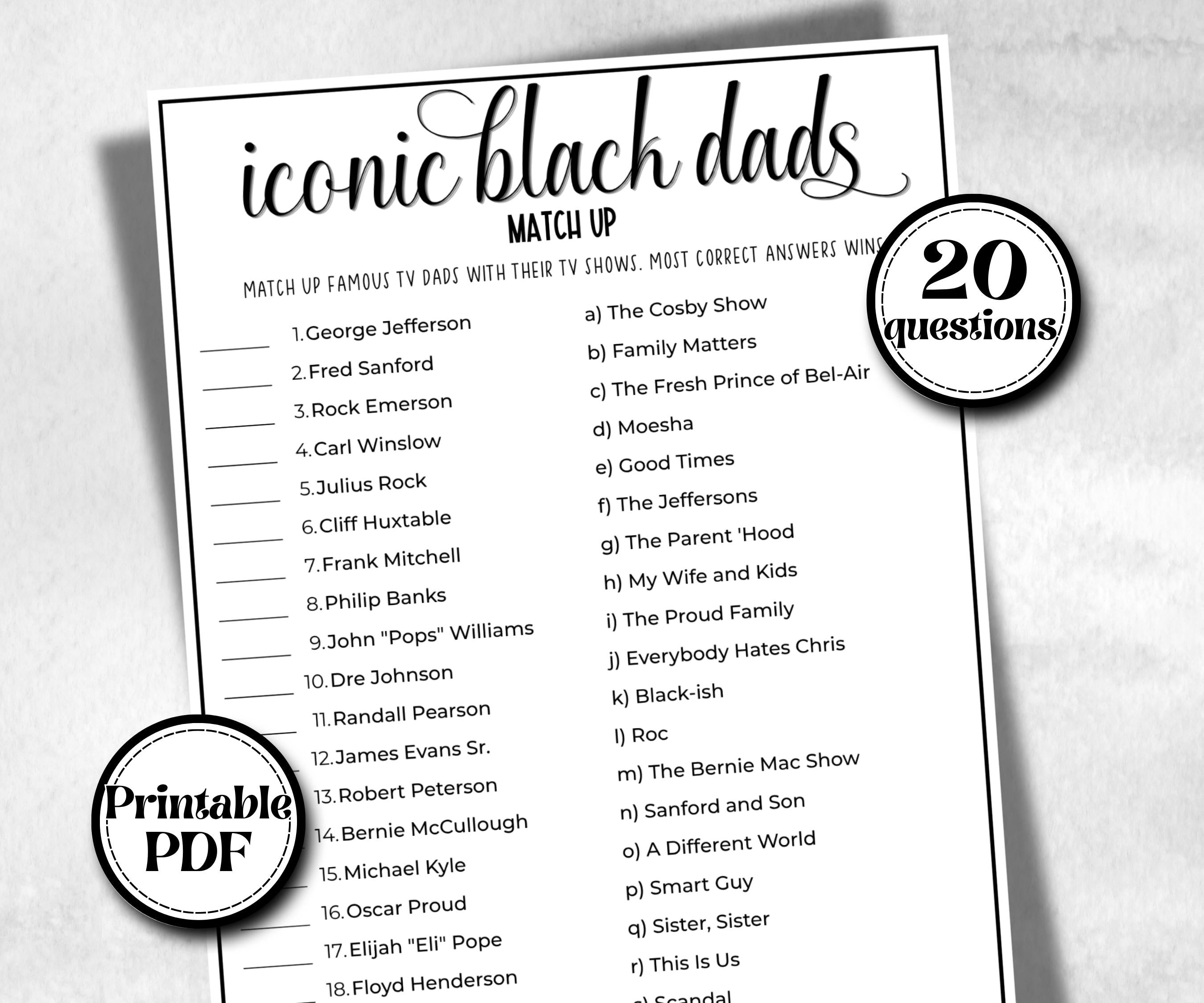 Iconic Black Dads Trivia, African American, Black Culture baby shower, Daddy to be, baby sprinkle, fathers day games, black daddy match up