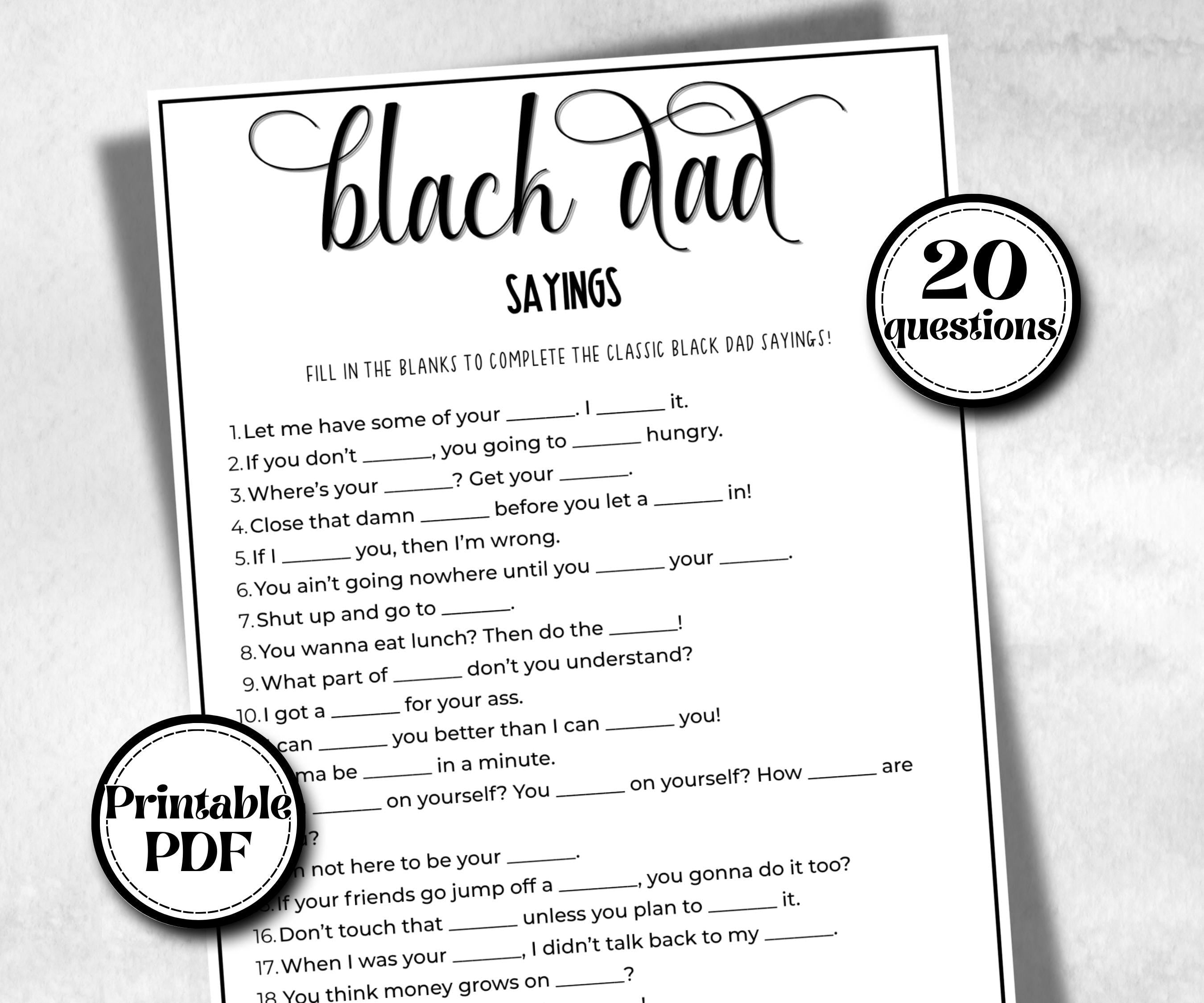 Black Dad Sayings Trivia, African American Dad, Black Culture baby shower, Mommy to be, Black Daddy to be, baby sprinkle, fathers day games