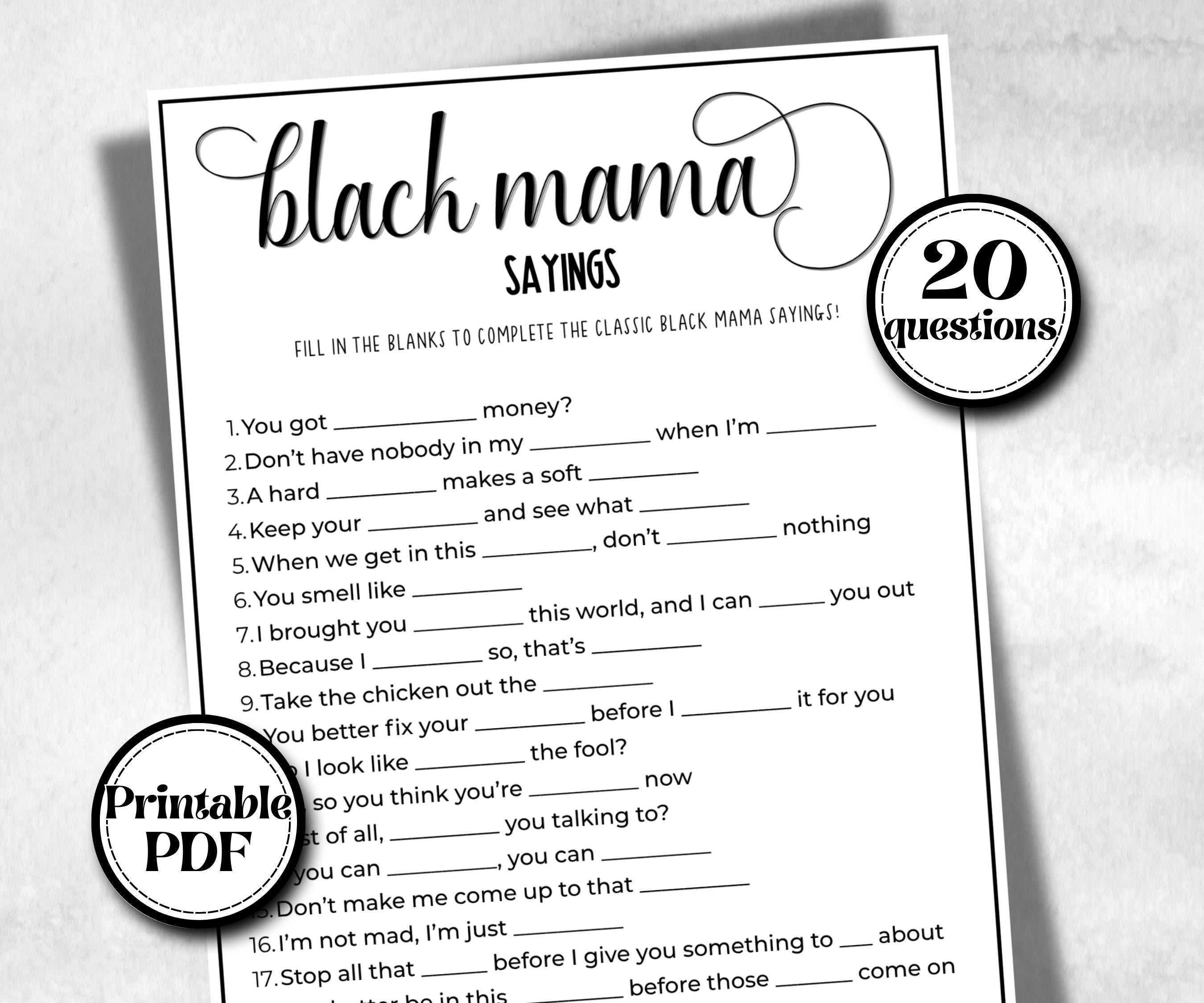 Black Mama Sayings Trivia, African American Mom, Black Culture baby shower, Black Mommy to be, Daddy to be, baby sprinkle, mothers day games