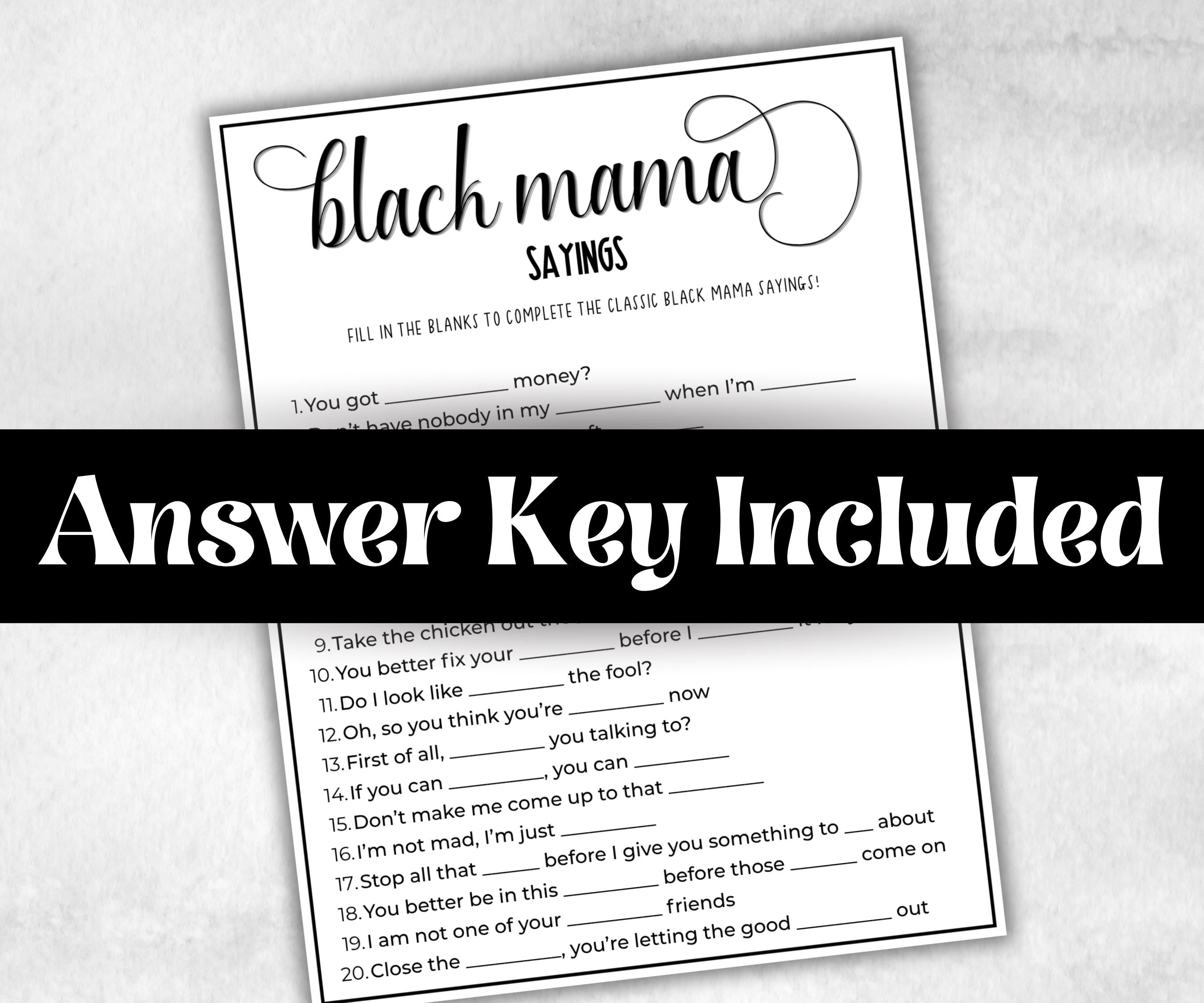 Black Mama Sayings Trivia, African American Mom, Black Culture baby shower, Black Mommy to be, Daddy to be, baby sprinkle, mothers day games