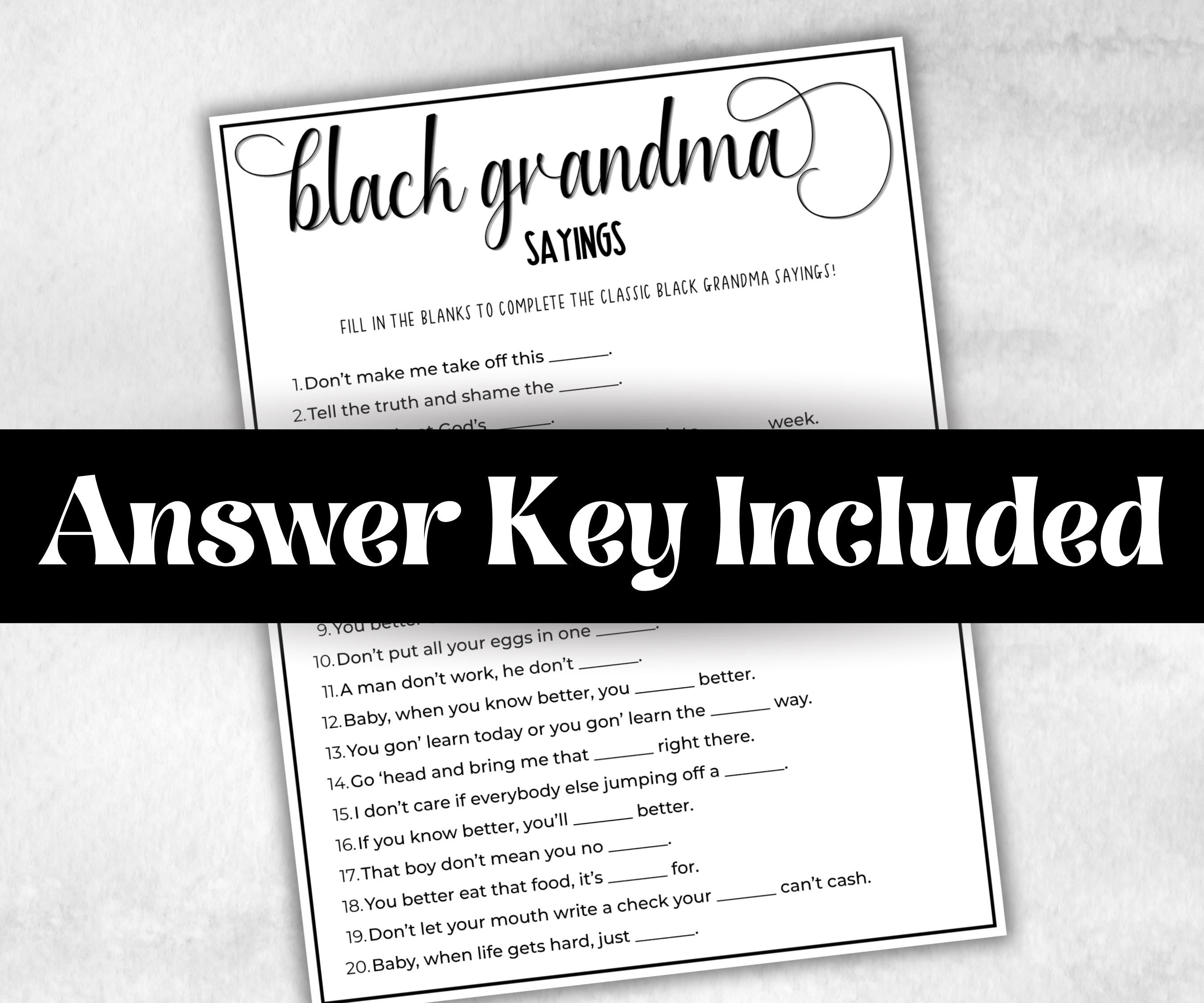 Black Grandma Sayings Trivia, African American Mom, Black Culture baby shower, Black Mommy to be, baby sprinkle, grandparents day trivia