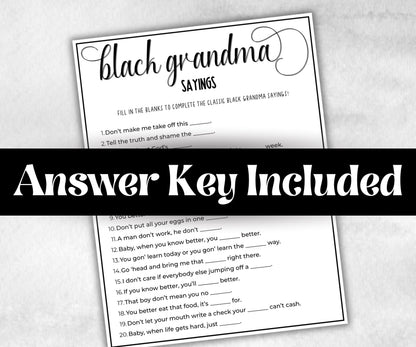 Black Grandma Sayings Trivia, African American Mom, Black Culture baby shower, Black Mommy to be, baby sprinkle, grandparents day trivia