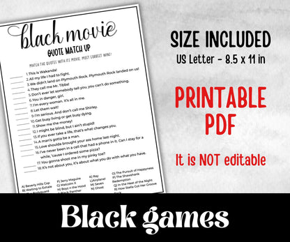 Black Movie Quotes, African American Quotes, Black Culture movie quiz, Movie Game Night, summer icebreaker party, community bbq picnic