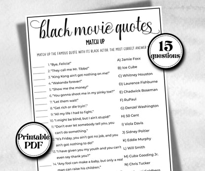 Black Movie Quotes match up, African American Quotes, Black Culture movie riddles, Movie Game Night, summer icebreaker party, community bbq
