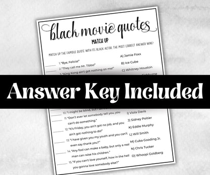 Black Movie Quotes match up, African American Quotes, Black Culture movie riddles, Movie Game Night, summer icebreaker party, community bbq