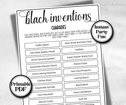 Black Inventions charades, African American inventors, Black Culture, kids summer icebreaker party, community bbq, educational classroom