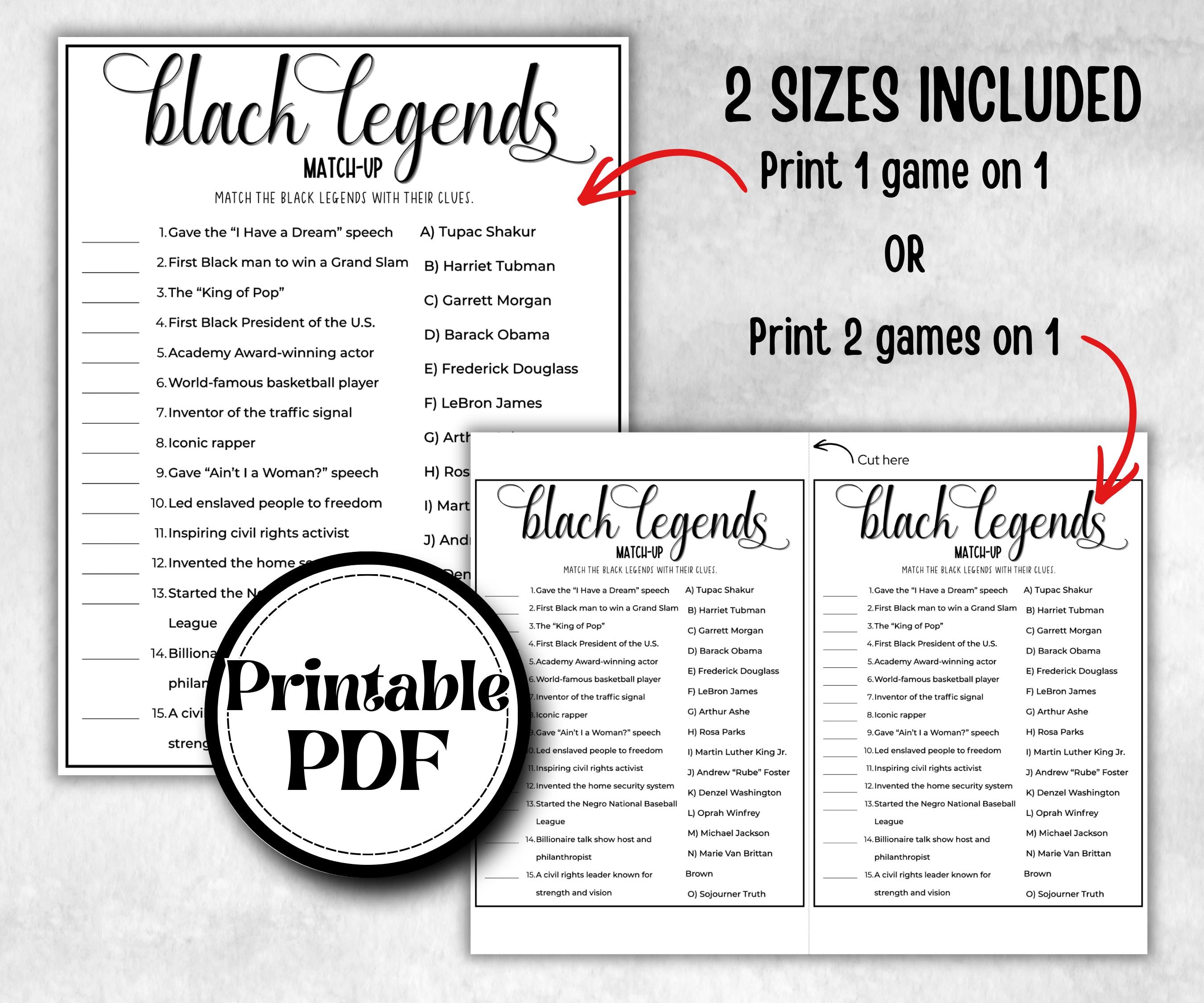 Black Legends Match, African American, Black Culture riddle, icebreaker activity, community bbq picnic, classroom activity, black birthday