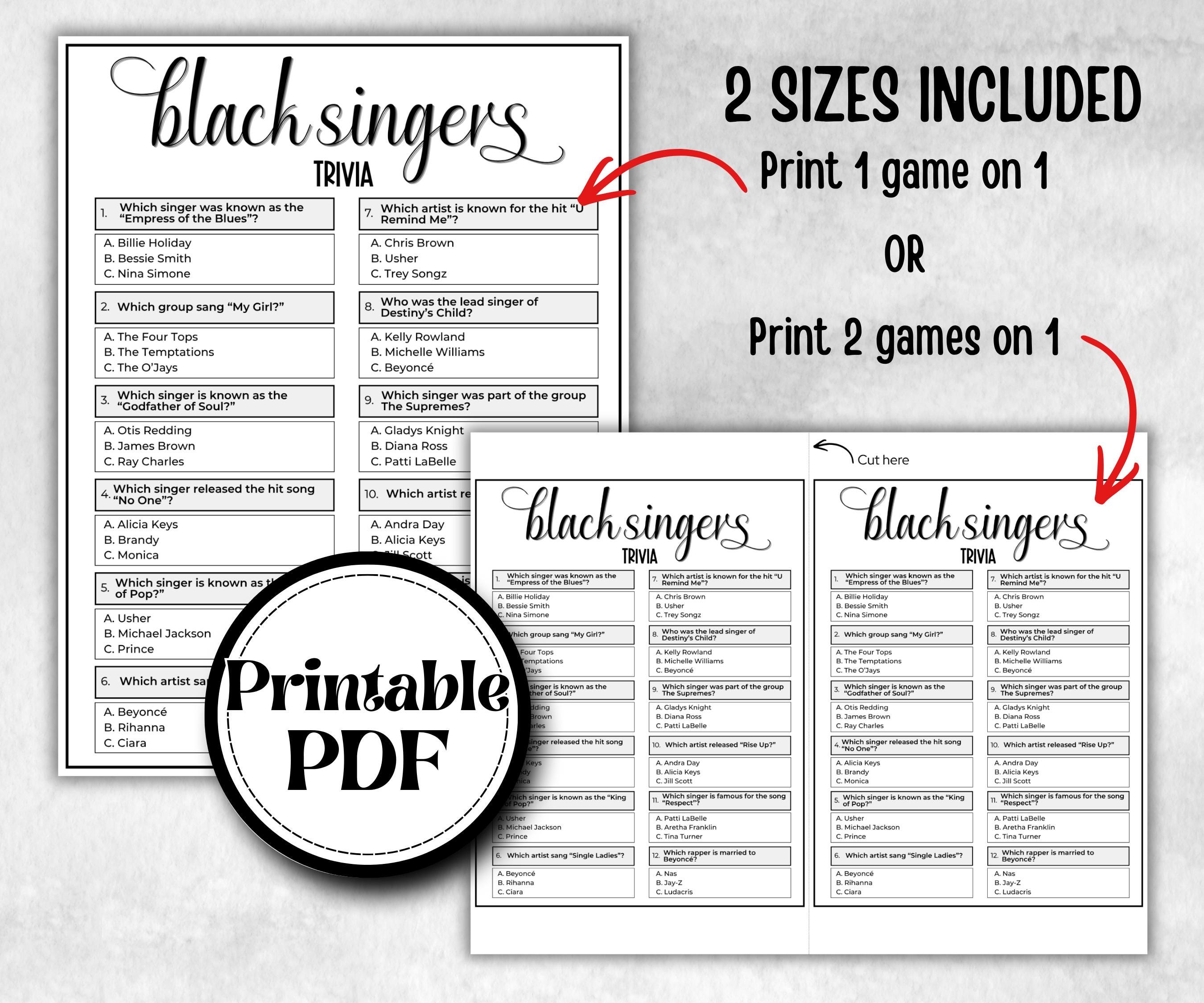 Black Singers Trivia, African American, Black Culture riddle, icebreaker activity, community bbq picnic, classroom activity, spring summer