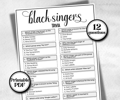 Black Singers Trivia, African American, Black Culture riddle, icebreaker activity, community bbq picnic, classroom activity, spring summer
