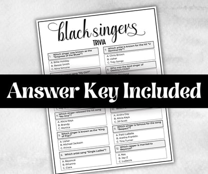 Black Singers Trivia, African American, Black Culture riddle, icebreaker activity, community bbq picnic, classroom activity, spring summer