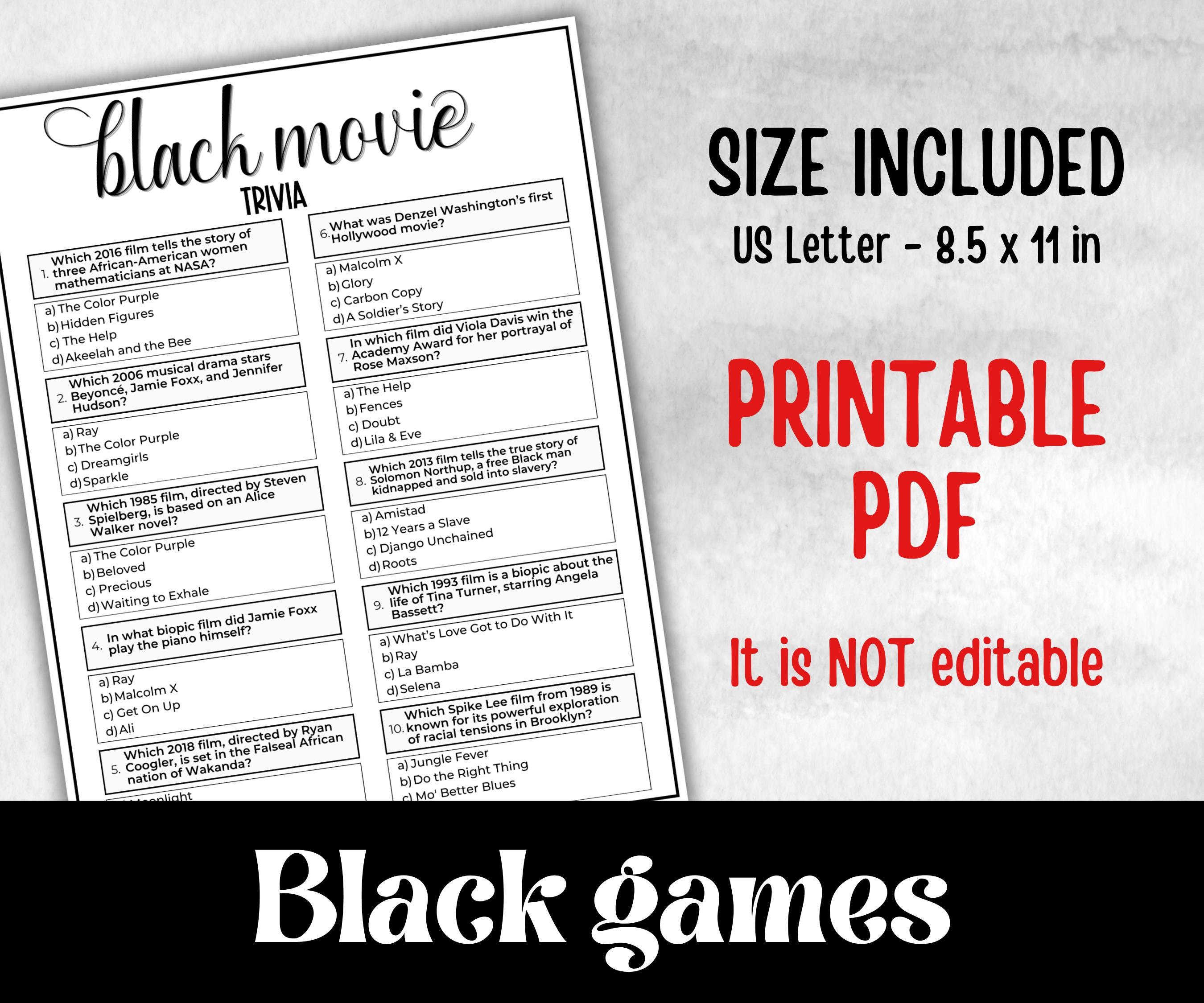 Black Movie Trivia, African American Quotes, Black Culture movie riddle, Movie Game Night, summer icebreaker party, summer bbq, popcorn game