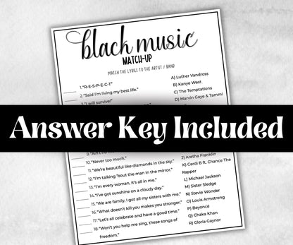 Black Music Match up for kids, Black songs, African American, Black Culture riddle, icebreaker activity, community bbq, spring summer