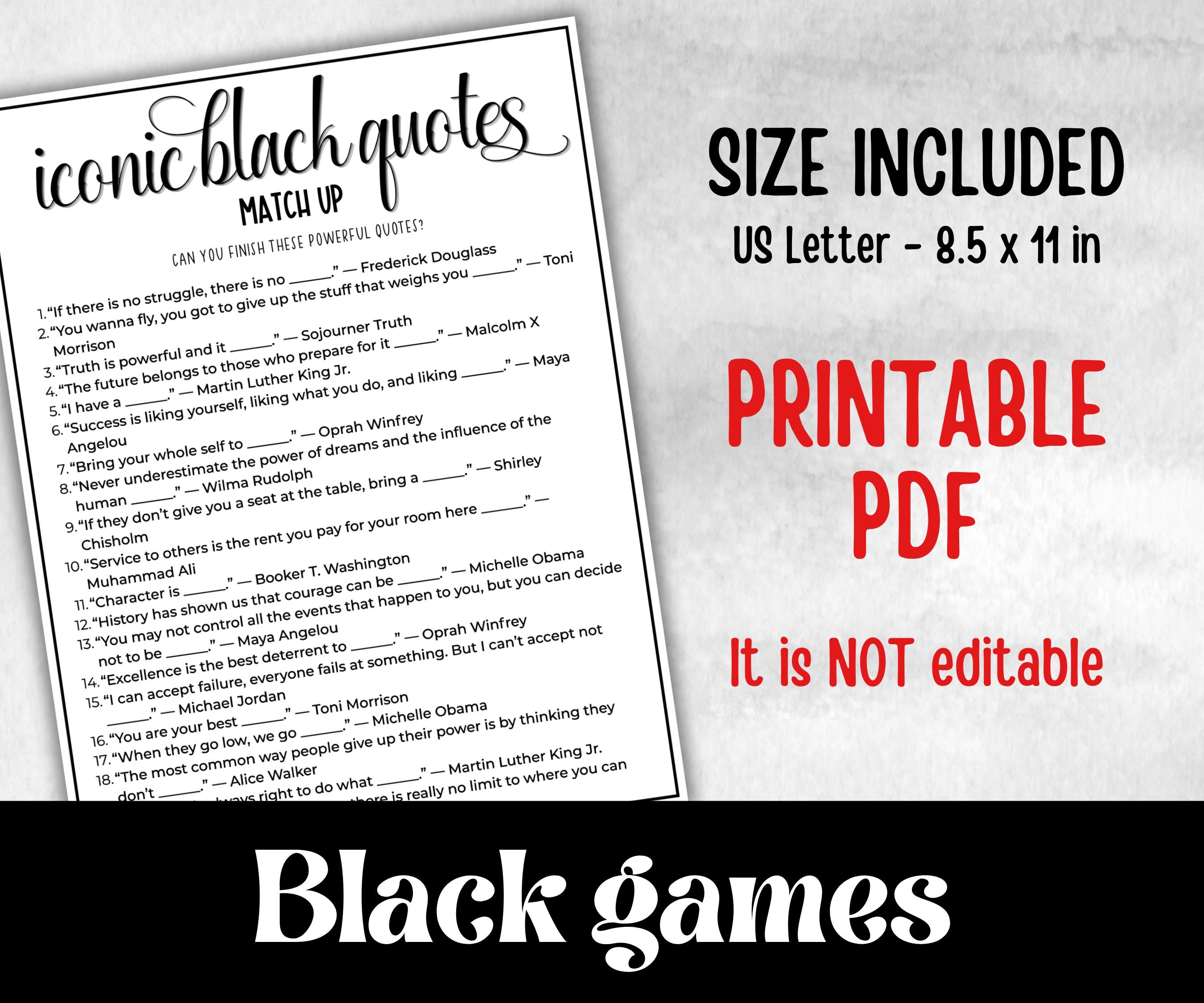 Iconic Black Quotes, African American, Black Culture riddle, community bbq picnic, educational classroom activity, black legends, icebreaker