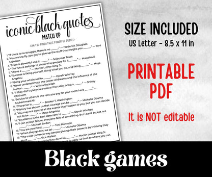 Iconic Black Quotes, African American, Black Culture riddle, community bbq picnic, educational classroom activity, black legends, icebreaker