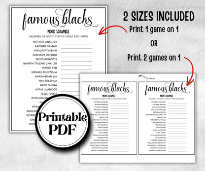 Famous Black People word scramble, African American, Black Culture riddle, community bbq picnic icebreaker, classroom activity, black legend