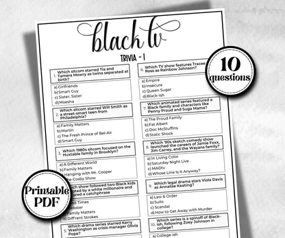 Black TV Trivia, African American Mom, Black Culture baby shower, Television Quiz, senior game night, summer icebreaker, famous black tv