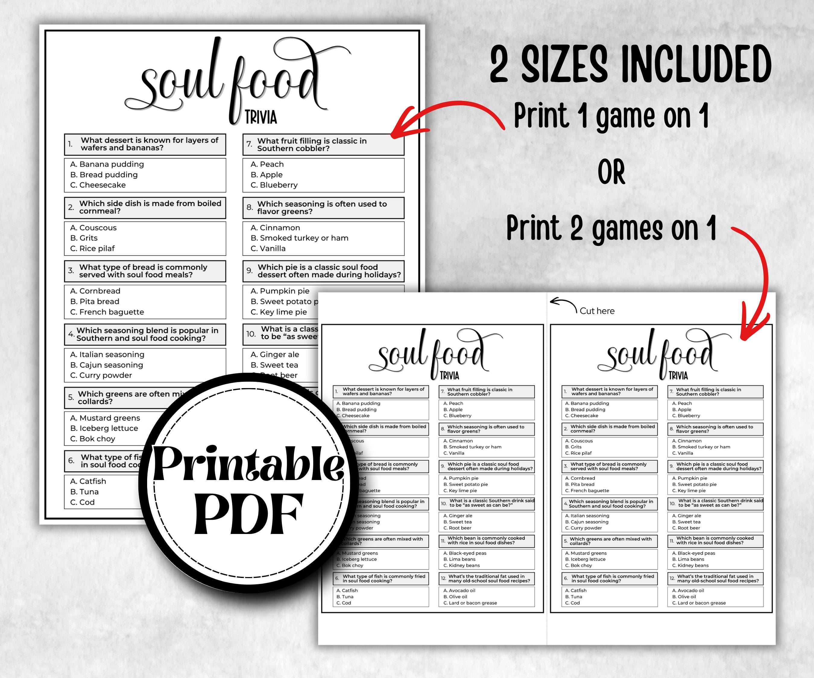 Soul food trivia, African American Quotes, Black Culture food quiz, Movie Game Night, summer icebreaker party, community bbq, picnic for kid