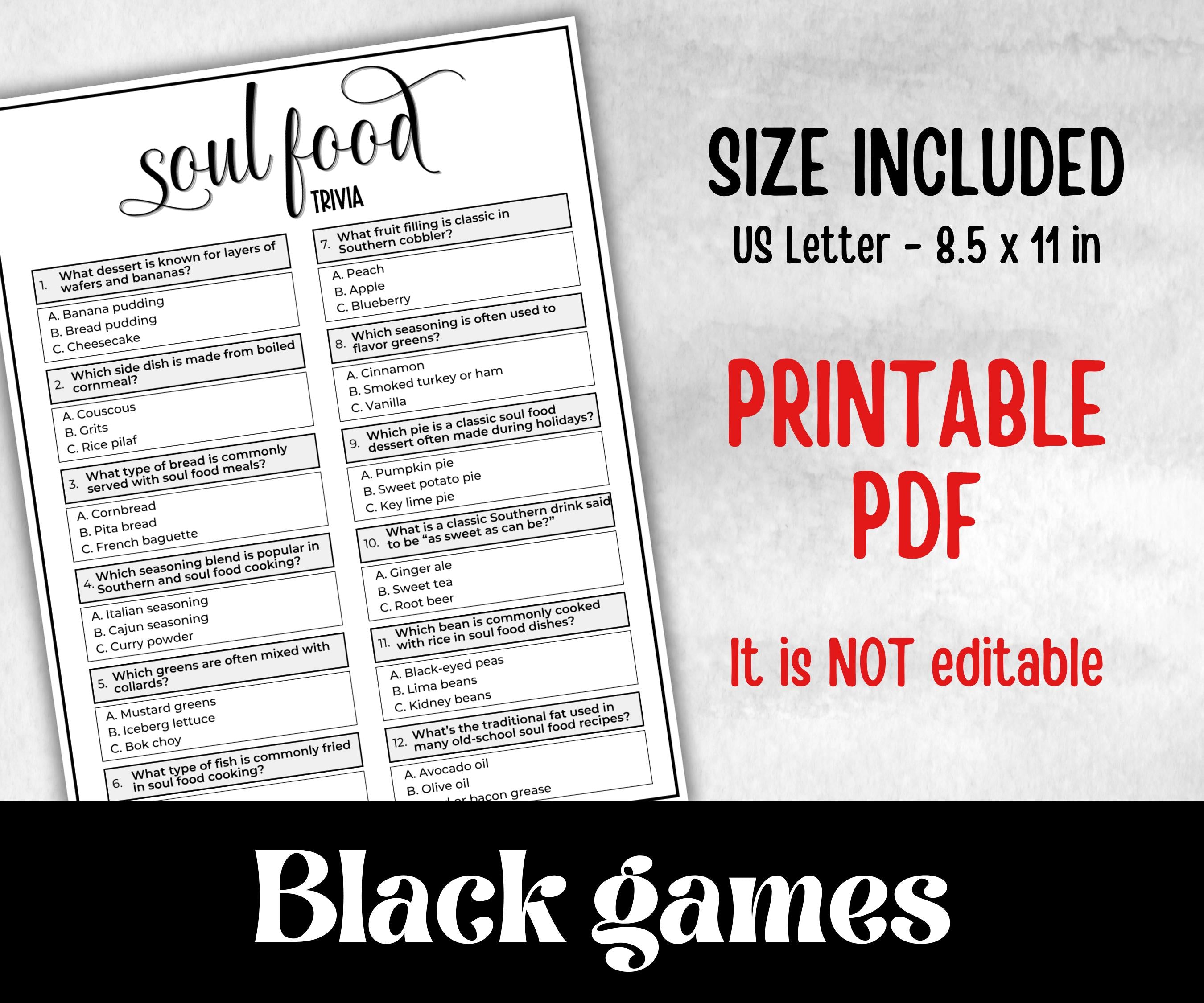 Soul food trivia, African American Quotes, Black Culture food quiz, Movie Game Night, summer icebreaker party, community bbq, picnic for kid