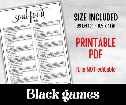Soul food trivia, African American Quotes, Black Culture food quiz, Movie Game Night, summer icebreaker party, community bbq, picnic for kid