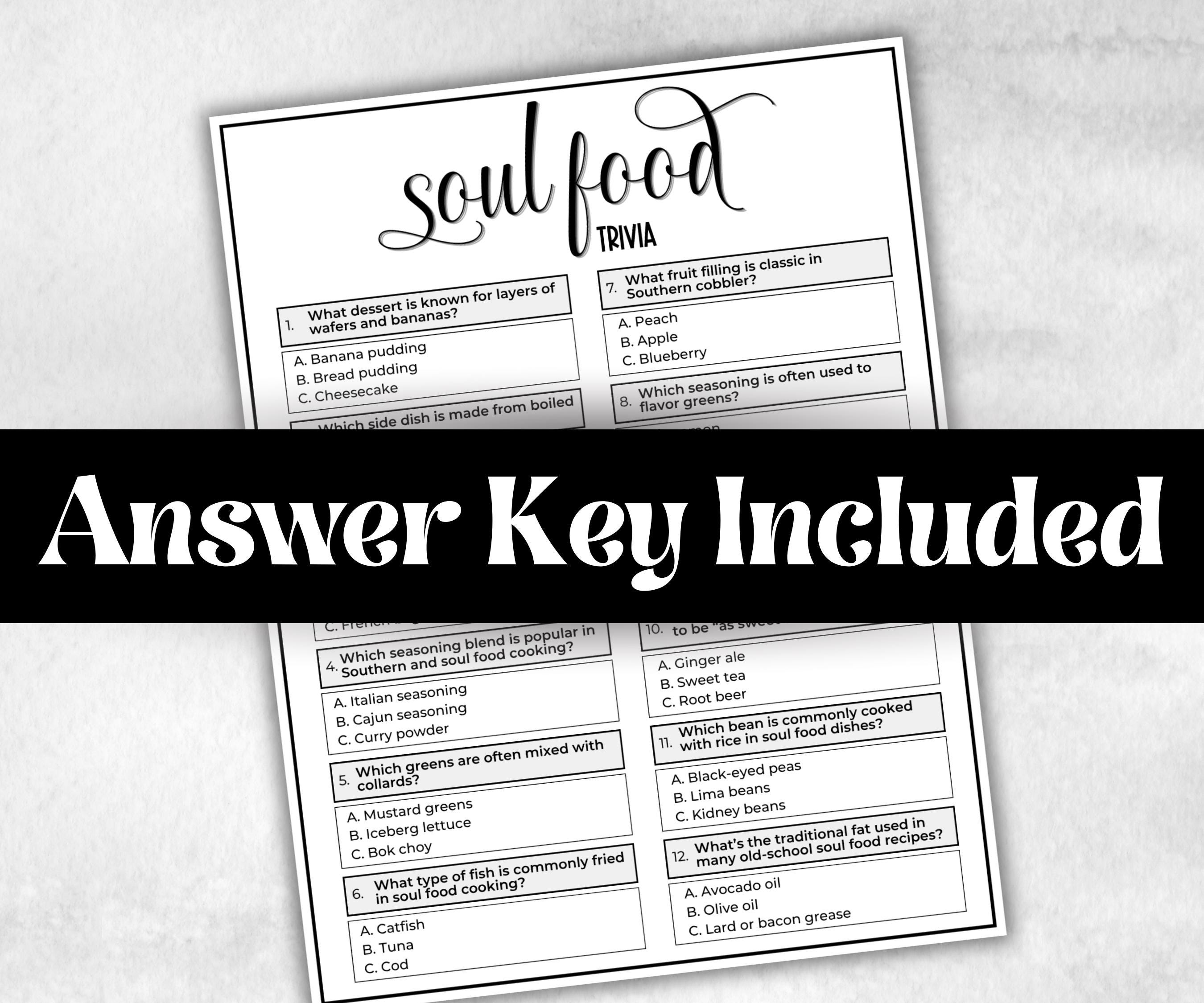 Soul food trivia, African American Quotes, Black Culture food quiz, Movie Game Night, summer icebreaker party, community bbq, picnic for kid