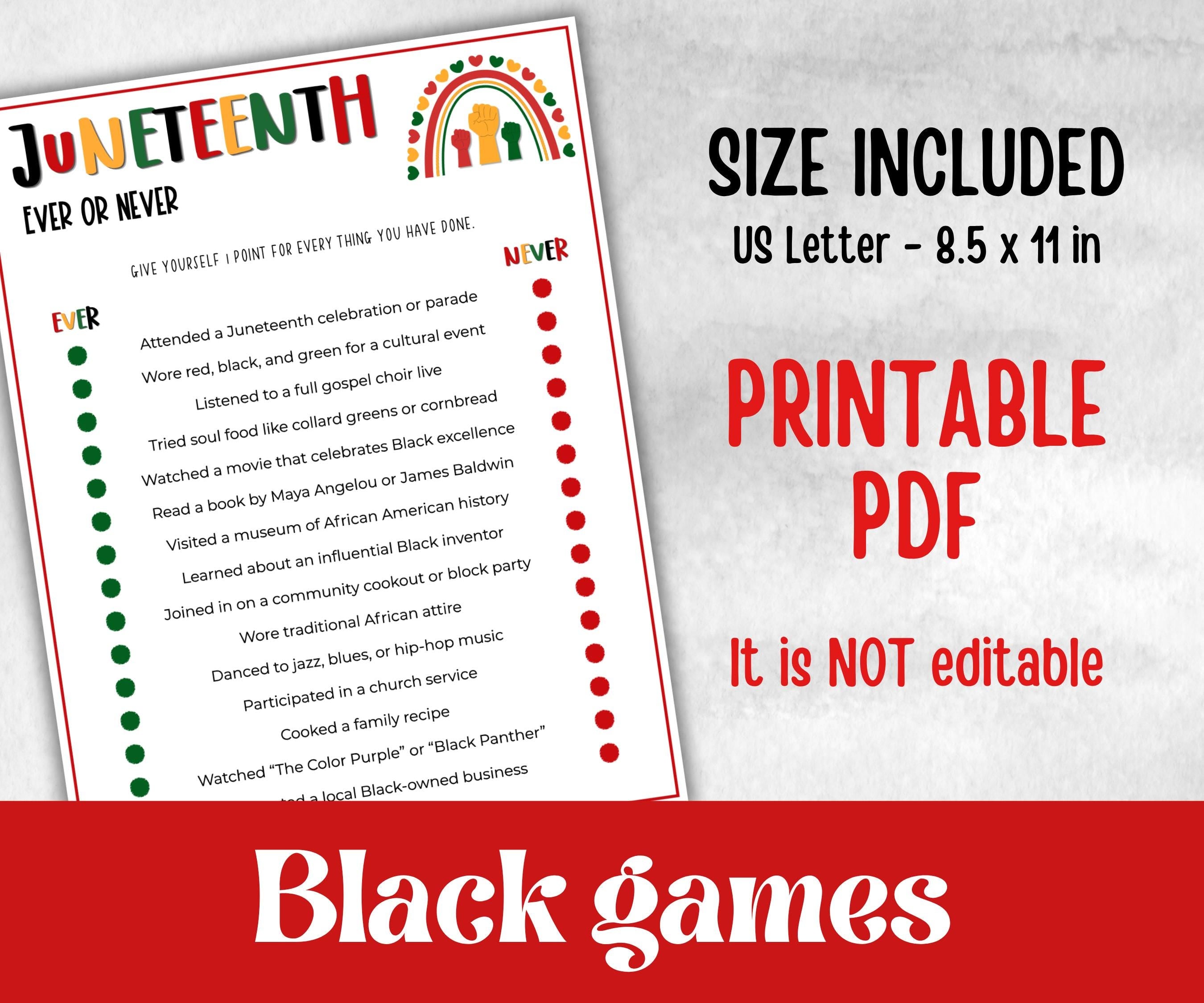 Juneteenth Ever Or Never, kid party game, african american family game night, black history, black culture celebration, black family reunion