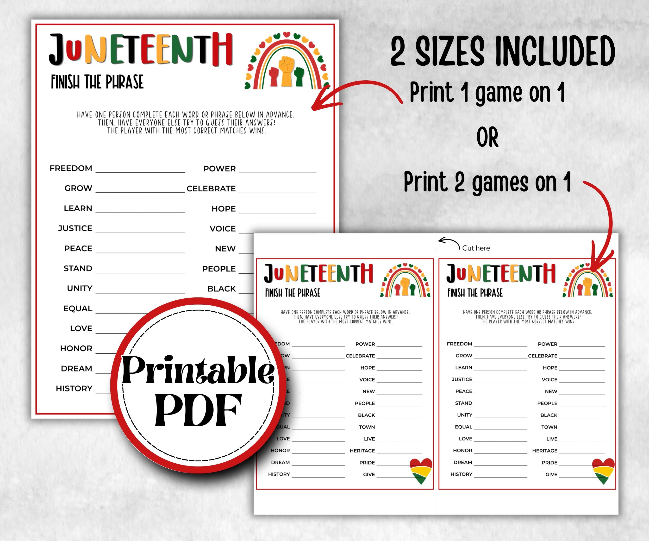 Juneteenth Finish the Phrase, african american kid party, mix and mingle, family game night, black culture celebration, black family reunion