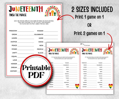 Juneteenth Finish the Phrase, african american kid party, mix and mingle, family game night, black culture celebration, black family reunion