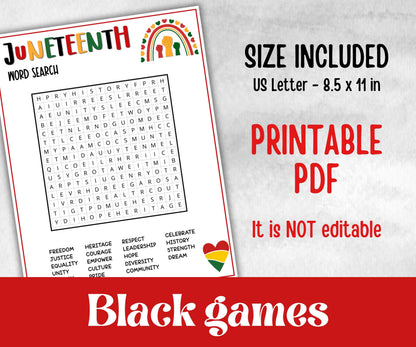 Juneteenth Word Search, kid party game, african american family game night, black history, black culture celebration, black family reunion