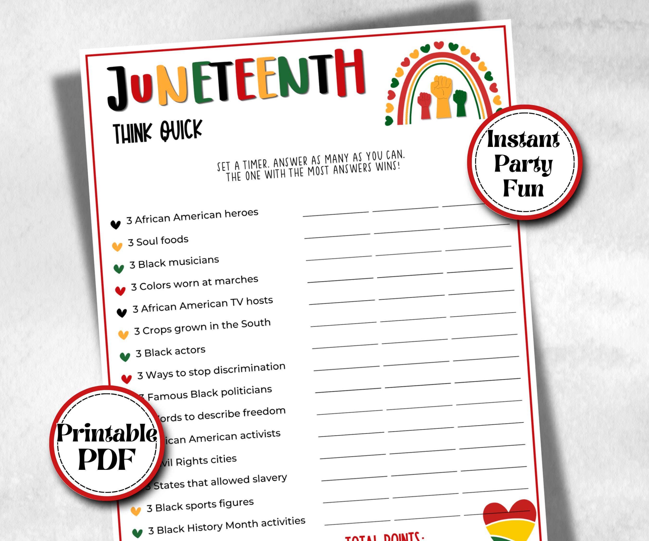 Juneteenth Think Quick, kid party game, african american family game night, black history, black culture celebration, black family reunion