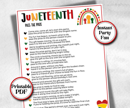 Juneteenth pass the prize, african american, family game night, pass the parcel, rhyme, pass the gift, left right game, teen pajama activity