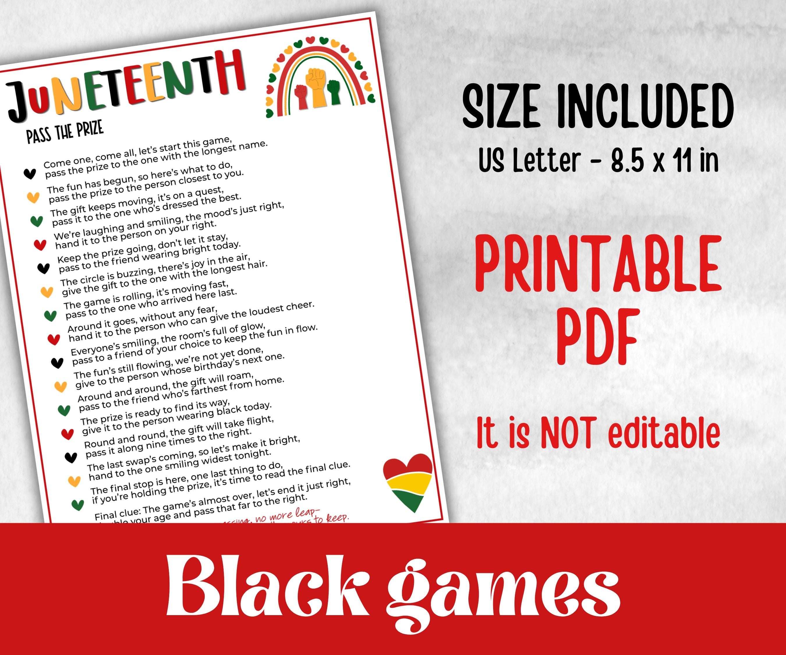 Juneteenth pass the prize, african american, family game night, pass the parcel, rhyme, pass the gift, left right game, teen pajama activity