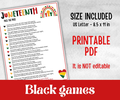 Juneteenth pass the prize, african american, family game night, pass the parcel, rhyme, pass the gift, left right game, teen pajama activity
