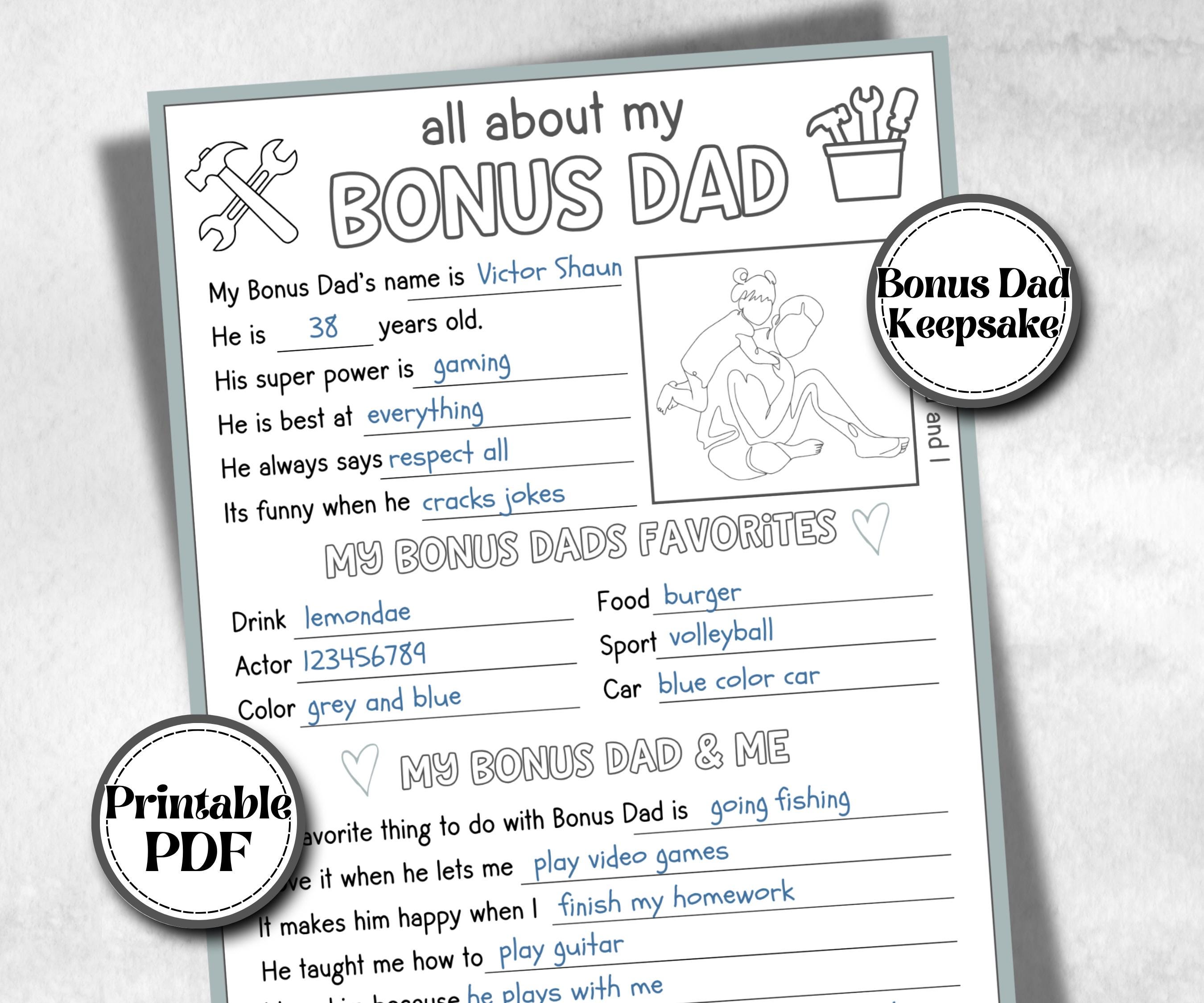 All about my Bonus Dad, Bonus Dad questionnaire, facts about bonus dad, preschool worksheet, printable interview, kindergarten, personalised
