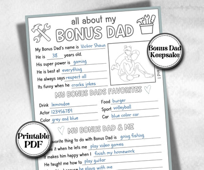 All about my Bonus Dad, Bonus Dad questionnaire, facts about bonus dad, preschool worksheet, printable interview, kindergarten, personalised