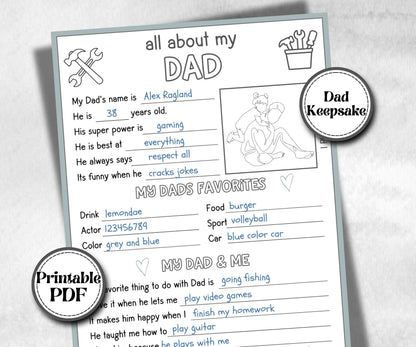 All about my Dad, Dad questionnaire, facts about bonus dad, preschool worksheet, printable interview, kindergarten activity, personalised