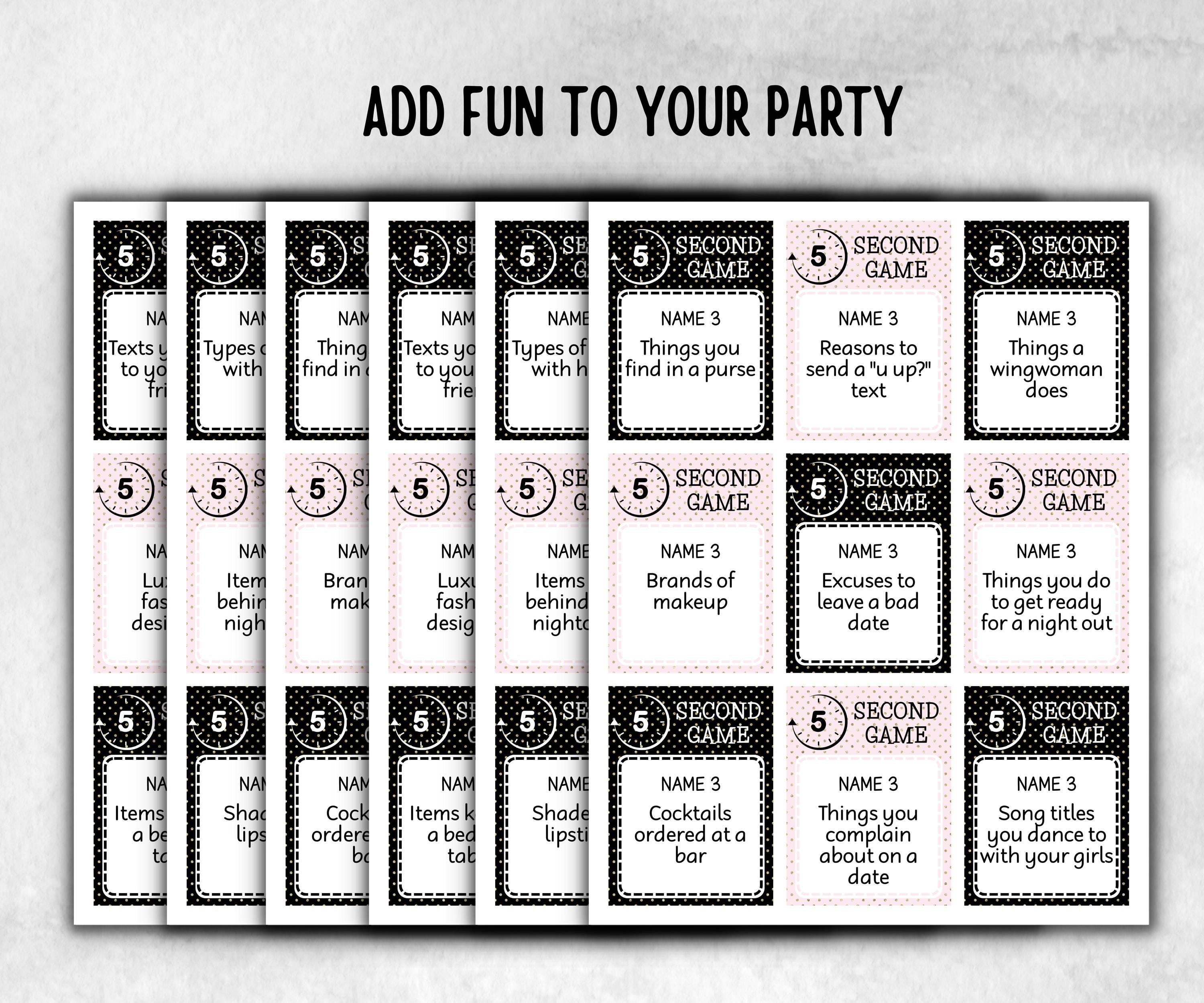 Ladies Night Out 5 second game, five seconds, think fast word game, think quick, galentine, hen party, womens day, bff girlfriend, printable