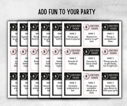 Ladies Night Out 5 second game, five seconds, think fast word game, think quick, galentine, hen party, womens day, bff girlfriend, printable
