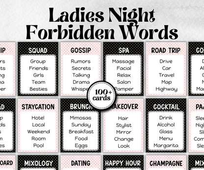 Ladies Night Forbidden Words, Word Ban, think fast word game, think quick, galentines, hen party, womens day, bff girlfriend, printable fun