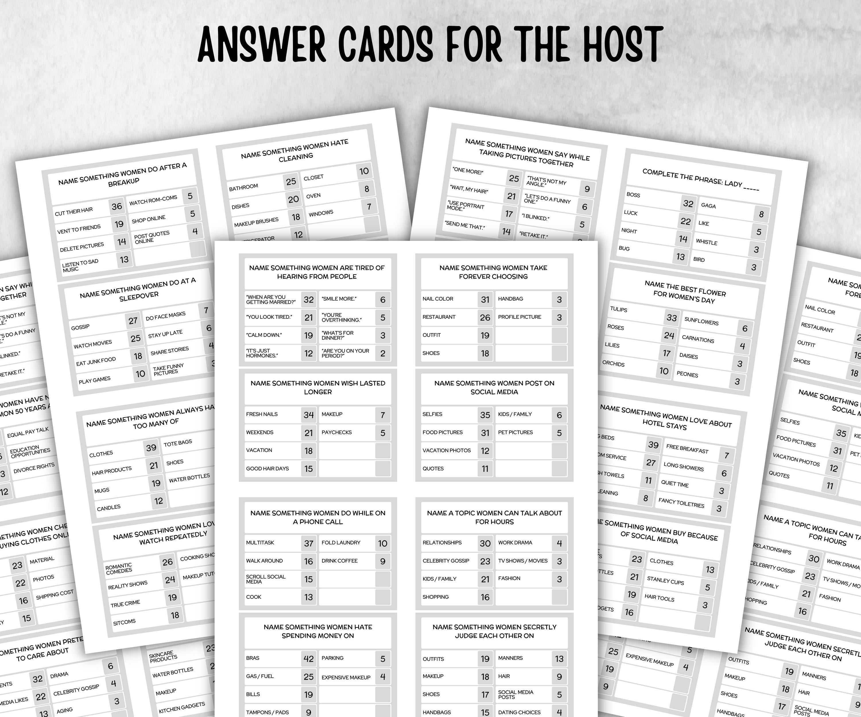 Ladies Night Friendly Feud, think fast word game, think quick, galentines, hen party, womens day, bff girlfriend, printable feud, Feud Cards