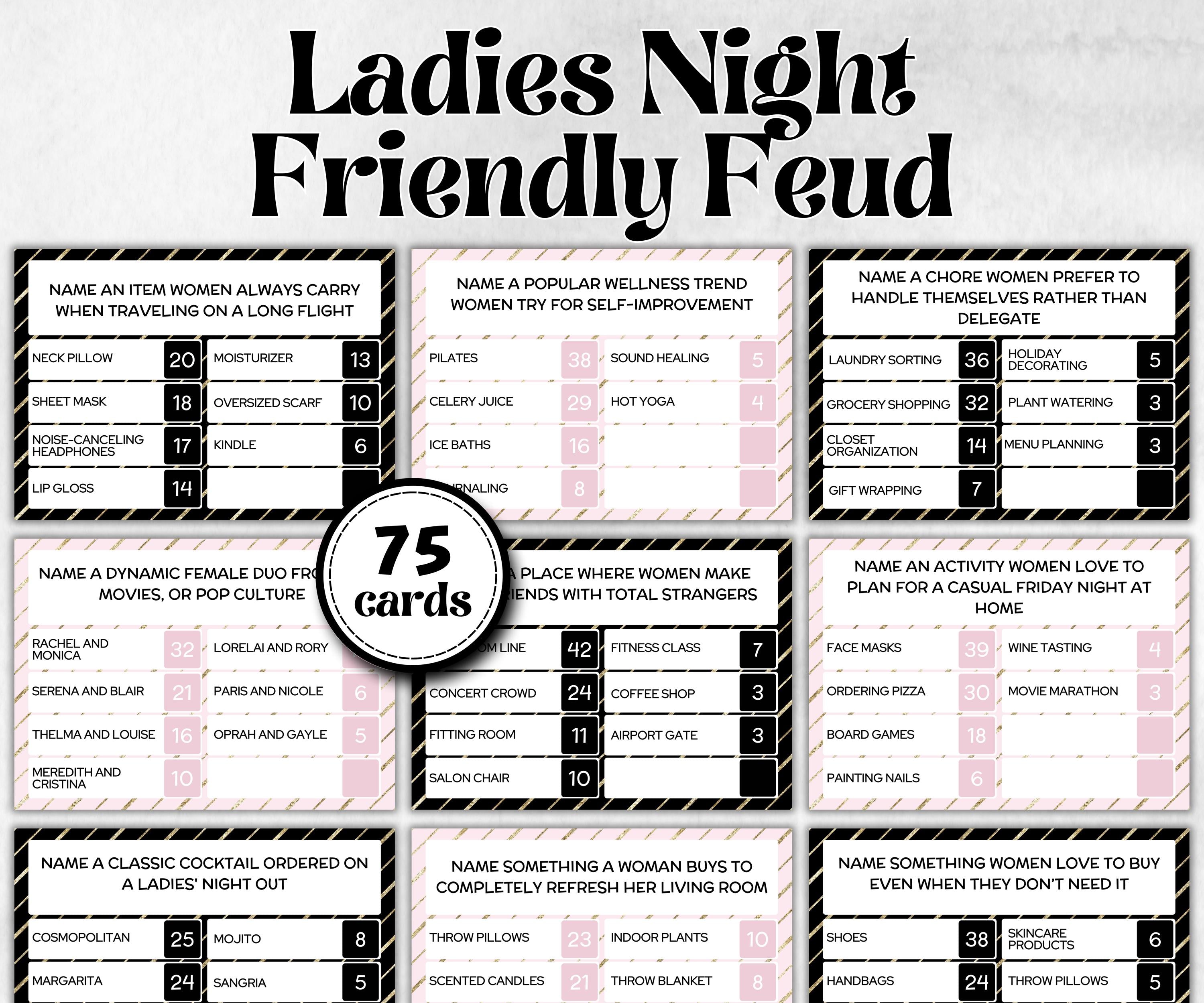 Ladies Night Friendly Feud, think fast word game, think quick, galentines, hen party, womens day, bff girlfriend, printable feud, Feud Cards