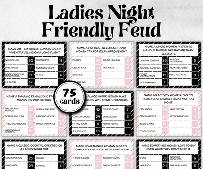Ladies Night Friendly Feud, think fast word game, think quick, galentines, hen party, womens day, bff girlfriend, printable feud, Feud Cards