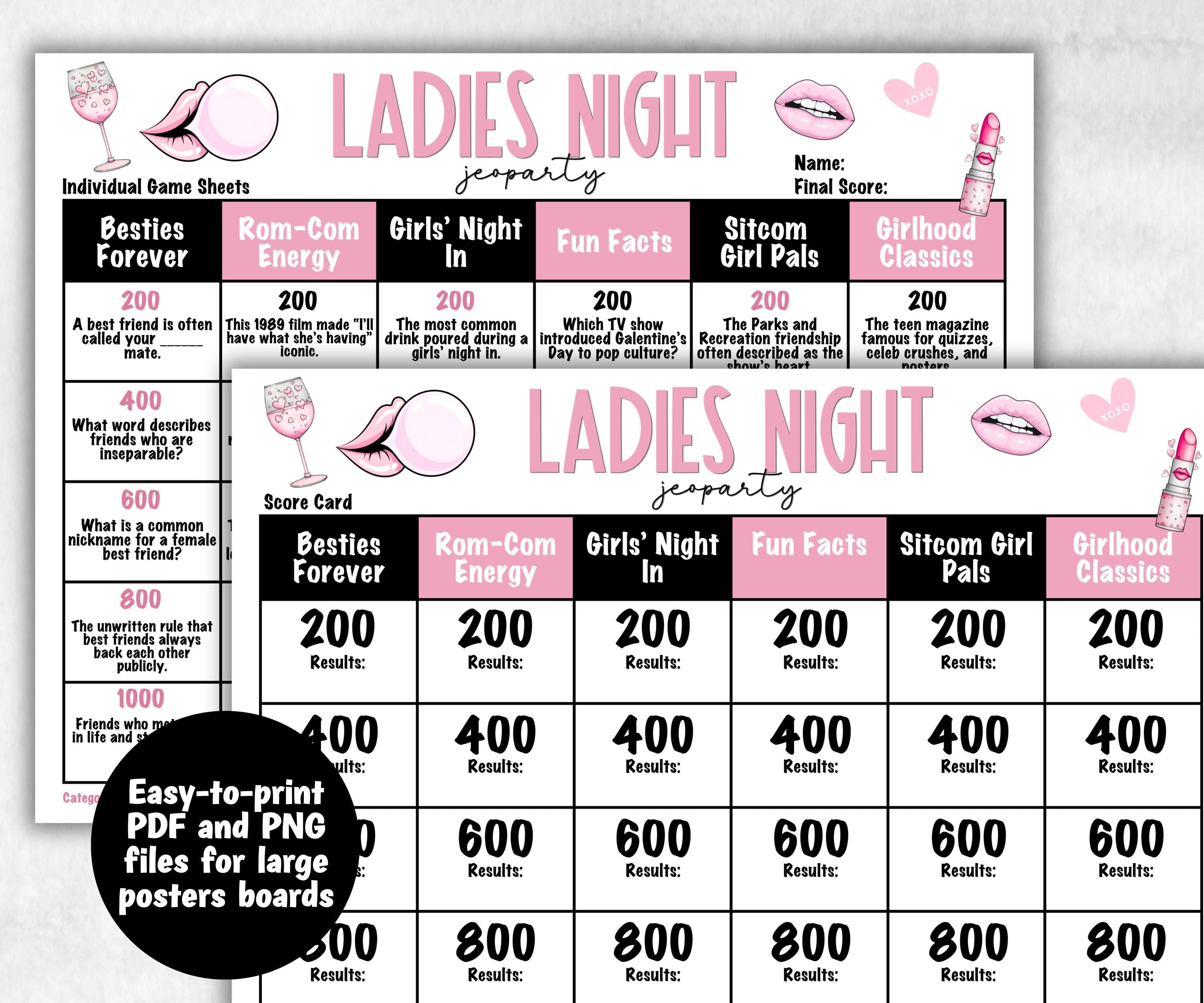 Ladies Night Jeoparty, think fast word game, think quick, galentines, hen party, womens day, bff girlfriend, printable feud, Feud Cards
