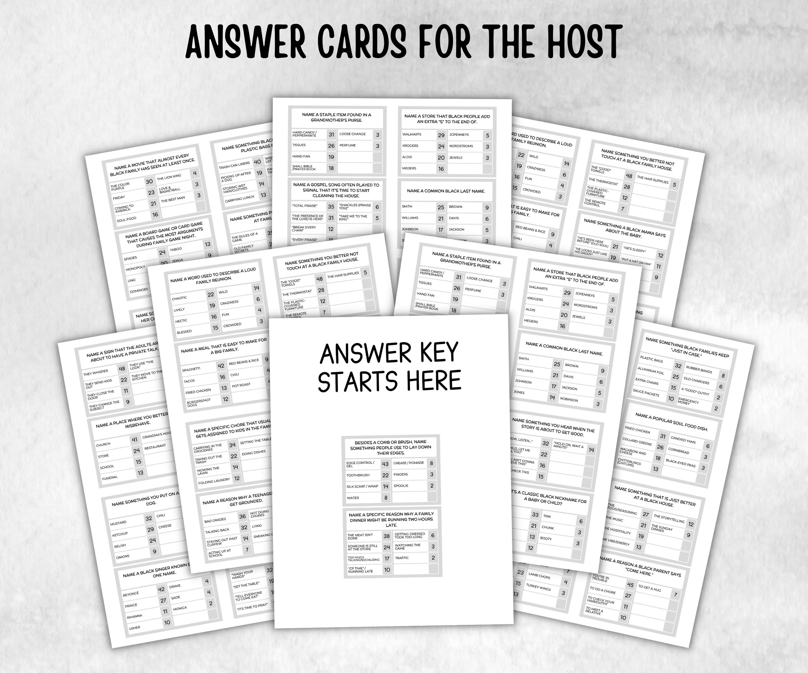 Black Family Friendly Feud, African American, Black Culture, Birthday icebreaker activity, community picnic, classroom activity, card game