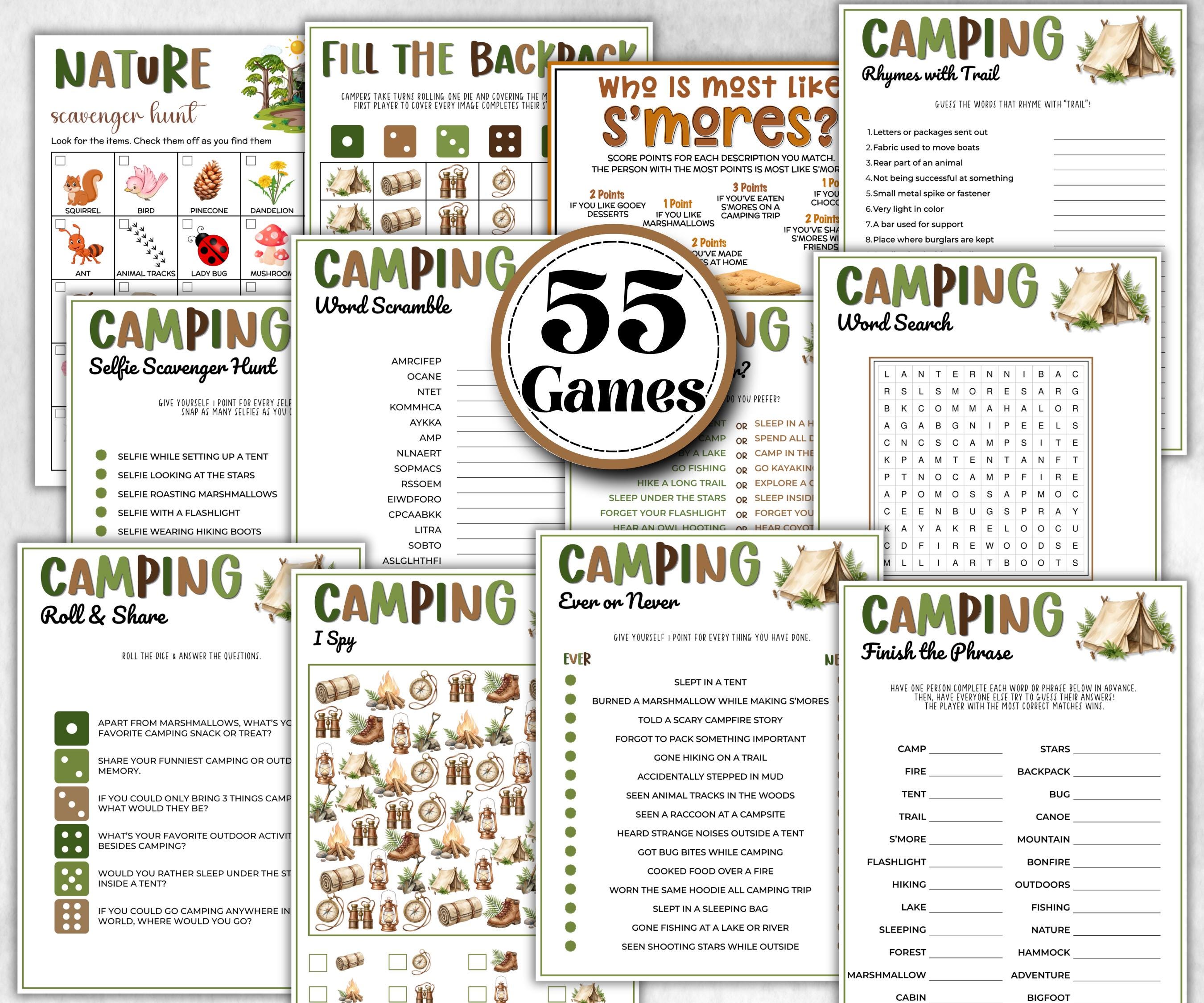 Camping Games Bundle, Nature Scavenger Hunt, summer fall spring winter camping, Trivia night, office team camping, camping themed birthday