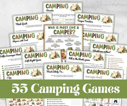 Camping Games Bundle, Nature Scavenger Hunt, summer fall spring winter camping, Trivia night, office team camping, camping themed birthday
