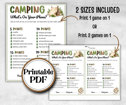 Camping What's on your phone, fire pit activities, Print outdoor group party, campground, backyard bbq, summertime campfire, boy girl scout