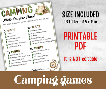 Camping What's on your phone, fire pit activities, Print outdoor group party, campground, backyard bbq, summertime campfire, boy girl scout