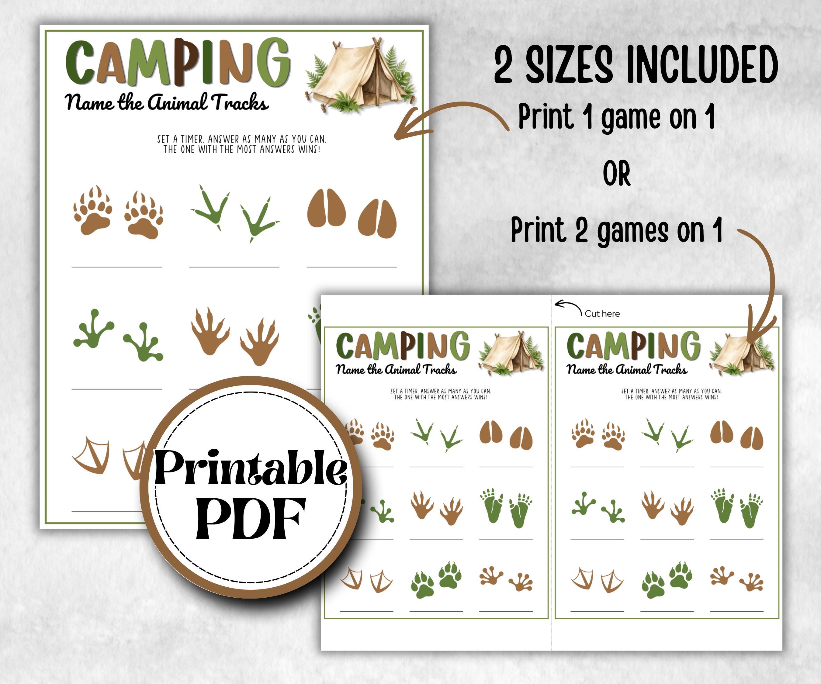 Camping Name the Animal Tracks, fire pit activities, outdoor group party, campground, backyard bbq, summertime campfire, boy girl scout quiz