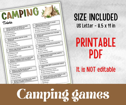 Camping Trivia, fire pit activities, outdoor group party, campground, backyard bbq cookout, summertime campfire, boy girl scout quizzes